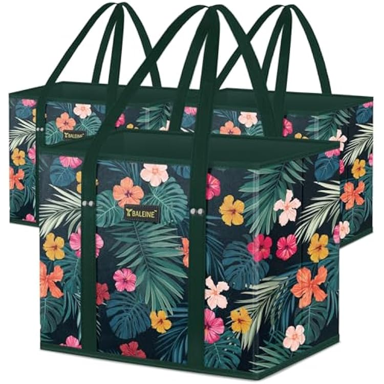 BALEINE 3Pk Reusable Grocery Bags, Foldable Shopping Bags for Groceries with Reinforced Bottom & Handles Blossom Season