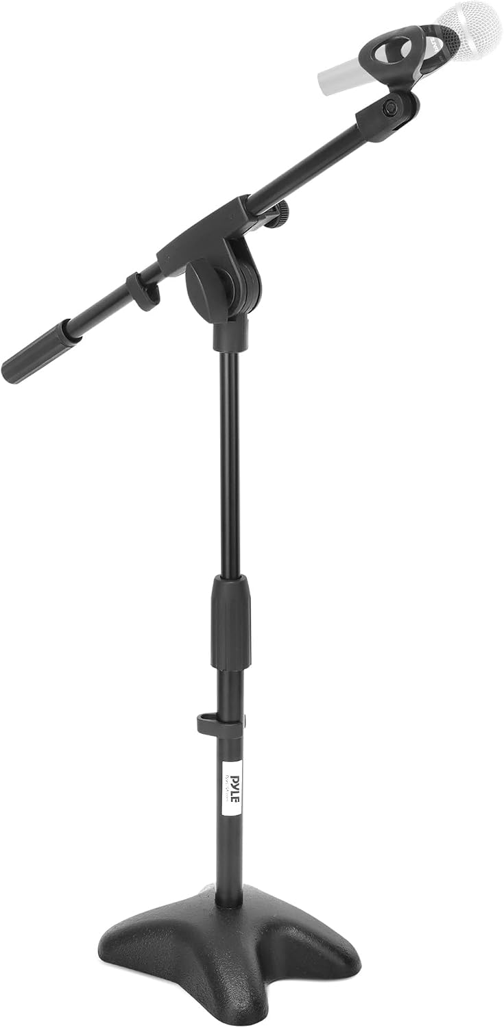 Pyle Universal Compact Microphone Stand - Mic Mount Holder Height Adjustment 19.0” to 26.0” Inch and Telescoping Boom Extension Adjustable Up to 16.0 w Knob Style Tension Lock Mechanism - PMKS7.5