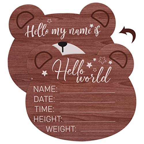 Wooden Baby Announcement Plaque, 5.9 Inch Bear Shape New Baby Welcome Sign Hello World Newborn Sign for Hospital Nursery Photo Prop