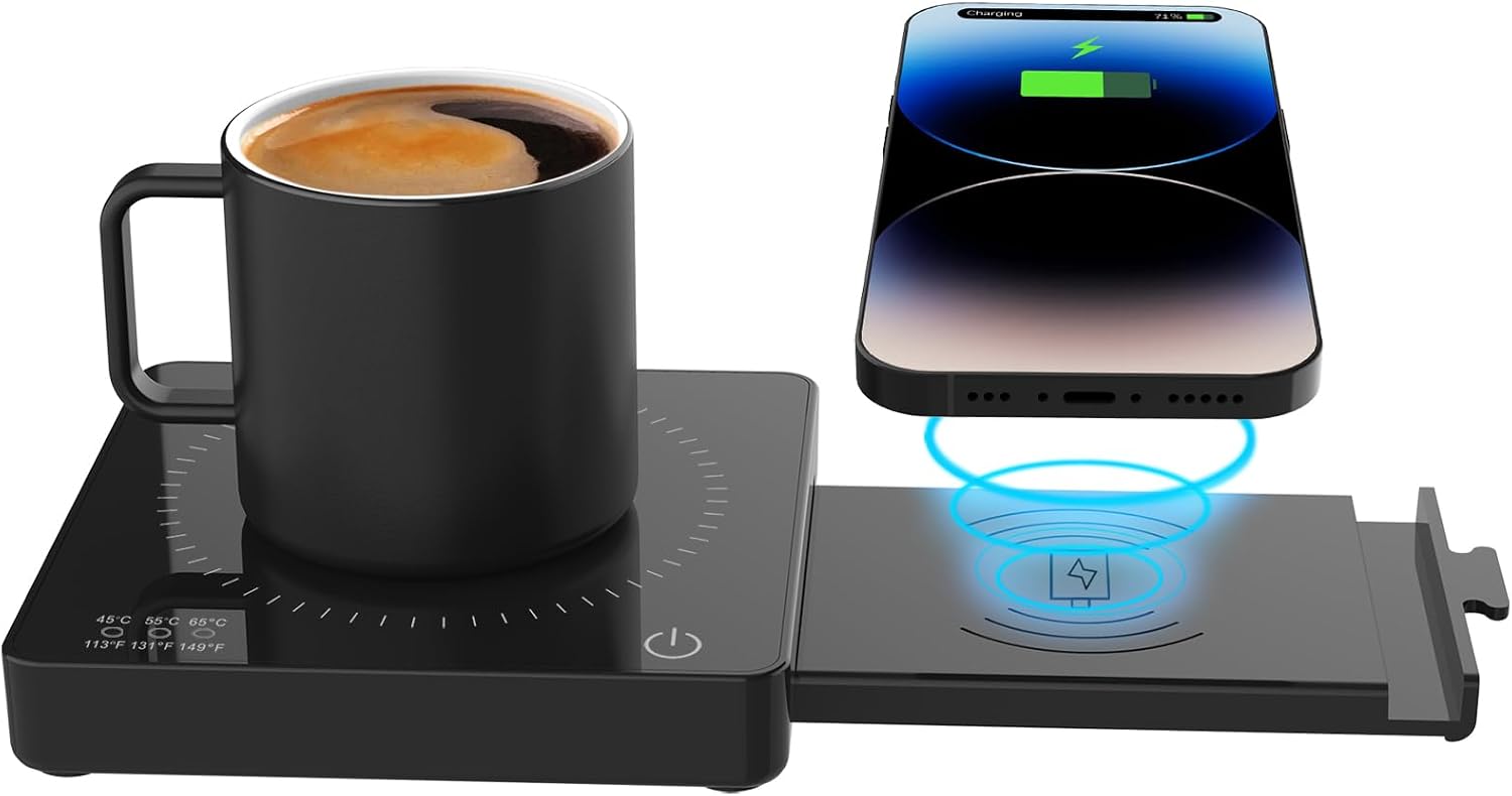 Coffee Mug Warmer with 15W Wireless Charger & 3A USB Charging Port, 3 Temp Settings & 8H Auto Shut Off, Candle Warmer Plate for Heating Coffee, Milk, Tea & Candles