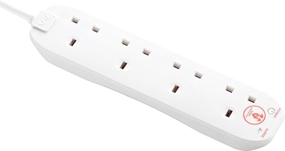 Masterplug Four Socket Extension Lead, 2 Metre Cable, Surge Protection, Power and Surge LED Indicators, Unswitched, 4-Way Plug Extension Cable, Power Strip, White, 13A, 4G, 2m, SRG4210N