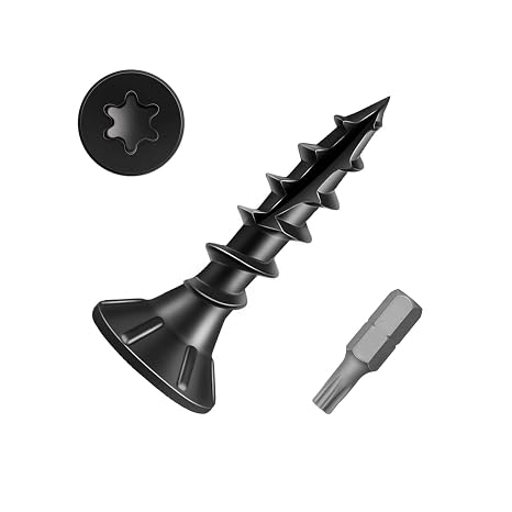 #8 x 3/4" Wood Screws, Outdoor Deck Screws with Star Drive, Black Coated Screws for Outdoor Use, Coarse Threads, Self-Tapping, T-25 Drive Bit Included, 200 PCS
