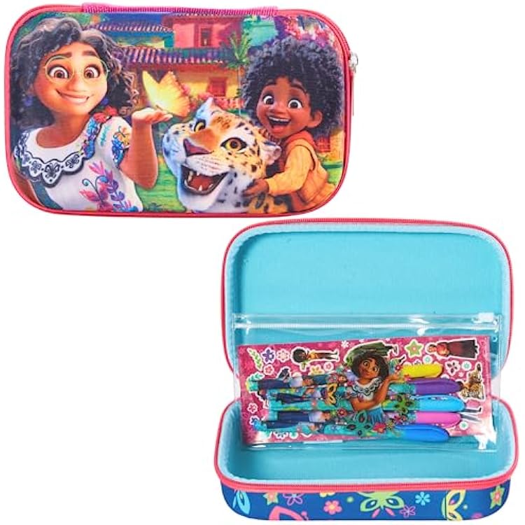 Innovative Designs Disney Encanto Pencil Case Set with Stickers and Gel Pens for Kids, Molded with Zip Closure, Pink