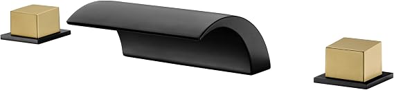 SUMERAIN Roman Bathtub Faucet 3 Hole Deck Mount High Flow Waterfall Tub Filler Black and Gold Finish