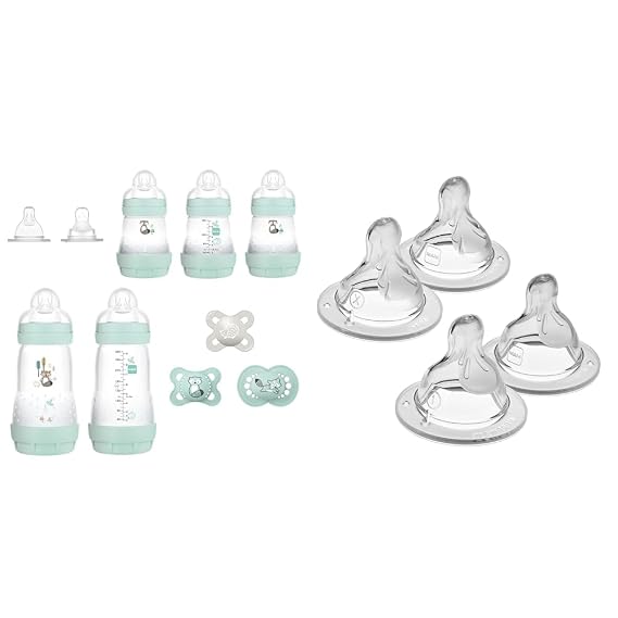 MAM Matte Essentials Gift Set, 10-Piece, Newborn Boy with Bottle Nipples Mixed Flow Pack - Extra Slow & Slow Flow Level 0 & 1, 4 Pack