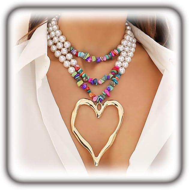 Chunky Pearl Heart Necklace for Women,Big Pearls Beaded Love Statement Choker Necklace Set Bohemian Turquoise Layering Necklaces Trendy Y2k Jewelry
