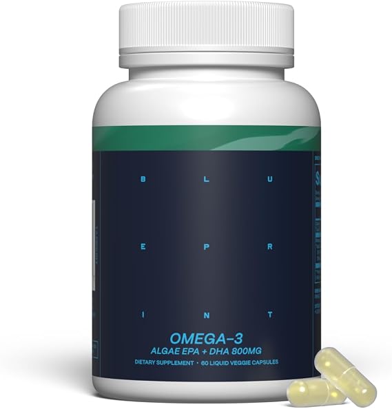 Blueprint Bryan Johnson Omega-3 - Vegan Algae Omega 3 Supplement with EPA/DHA - 800mg Plant-Based for Brain, Heart & Joint Support - High Absorption Triglyceride Form - 1:1 EPA/DHA