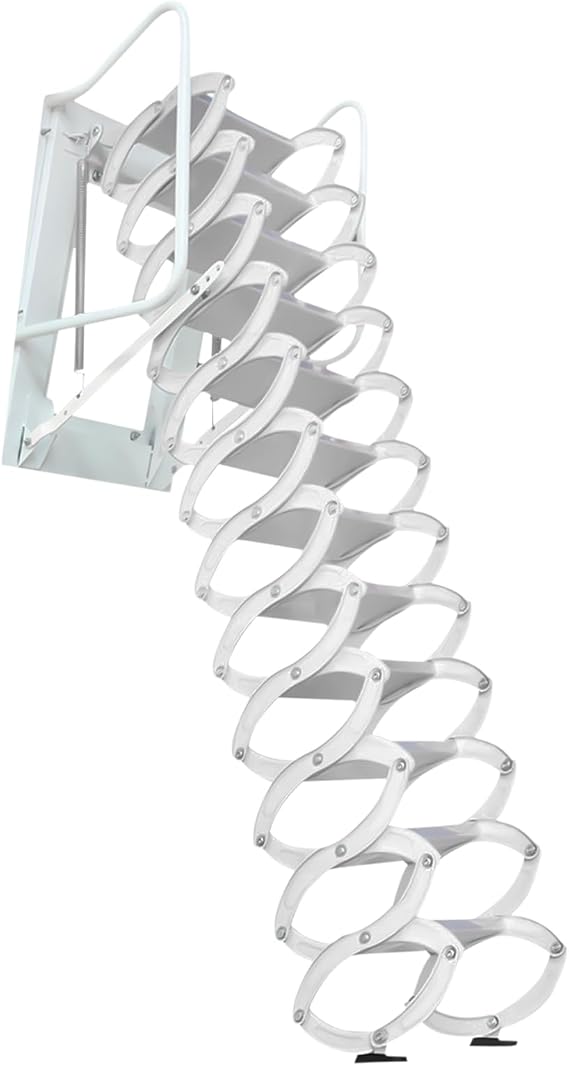 12 Steps Wall Mounted Attic Ladder Pull Down System, Attic Staircase Retractable, Folding Stairs with Handrails for Attics, Garages, Roofs, Basements (White)