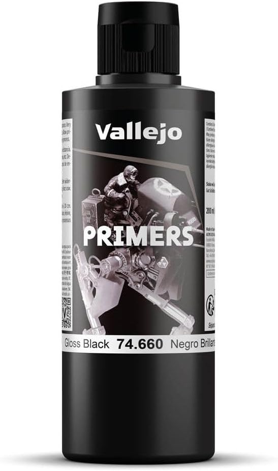 Vallejo - Surface Primer Color | Gloss Black Acrylic Primer 200 ml (6.76 fl.oz.) | Glossy Finish and Fast Drying | Perfect for Airbrushing and Great Adhesion to Figures and Scale Models