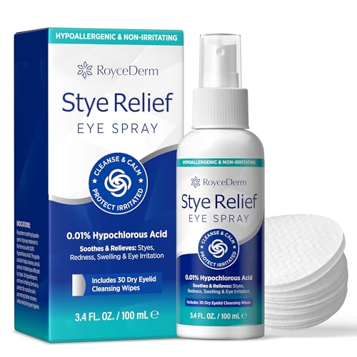 Stye Eye Treatment Relief Spray - Hypochlorous Acid Mist for Itchy, Dryness Eyelids & Makeup Removal - Eyelash, Eyelid Cleanser & Around Eye Wash Care with Natural Ingredients, Cotton Pads, Kids Safe