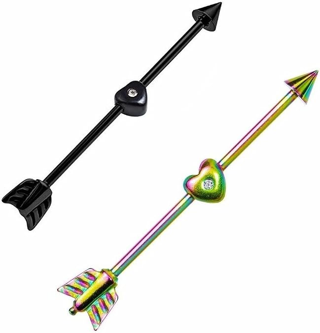 Arrow and Heart Anodized Titanium Industrial Barbell Black and Rainbow 14ga - 2pc