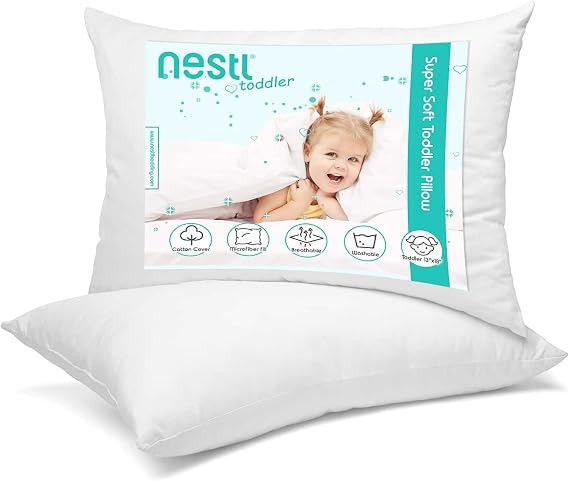 Nestl 2 Pack Toddler Pillow for Sleeping 13 x 18, Small Kids Pillow for Travel, Car, School, Nap, Toddler Bed, Machine Washable Soft Cotton Child 2 Year Old and Up - White