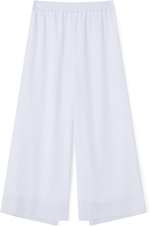 Women's Capris Crop Wide Leg Chiffon Pants Solid Color Elastic Waist Trousers Flowy Casual Pants Beach Culottes