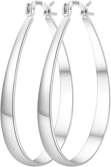 PABBEU Sterling Silver Hoop Earrings for Women Lightweight Large Oval Hoops | Hypoallergenic Chunky Thick Silver Hoop Earring Big Oval Hoop Earrings for Women Gift 30/40/50/60MM