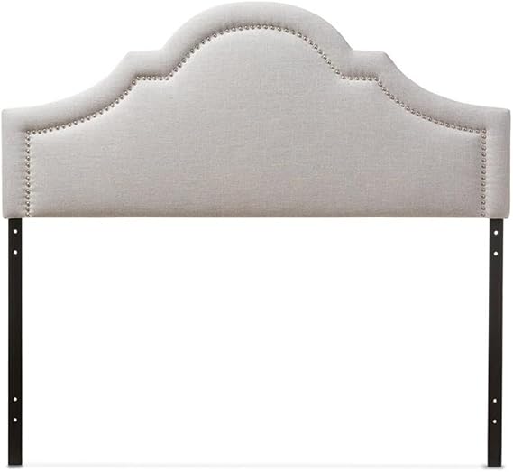 Pemberly Row Modern Queen Upholstered Headboard, Grayish Beige Polyester Fabric, Solid Rubberwood Frame, Curvy Design with Silver Nail Head Trim, Adjustable Height, Durable Bedroom Accent Furniture