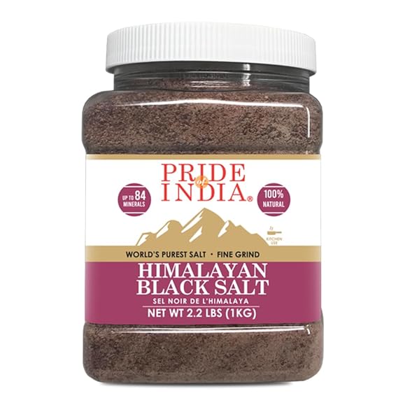 Pride Of India | Himalayan Black Rock Salt - Fine Grind, 2.2 Pound (1 Kg) | Kala Namak - Contains 84+ Minerals - Perfect for Cooking, Tofu Scrambles, Table, Kitchen, Restaurant, Bathing Use