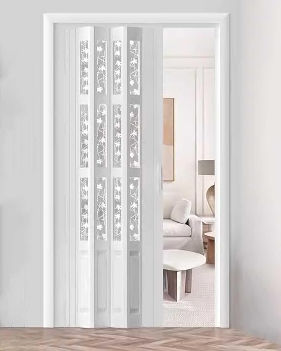 ZIMGOD Accordion Door Interior Sliding Door with Maple Leaf Decor, PVC White Folding Door 30x80 32x80 36x80 40x80 48x80 60x80 in, Living Room Closet Dividing Gate Screen(23x39in (58.5x100cm))