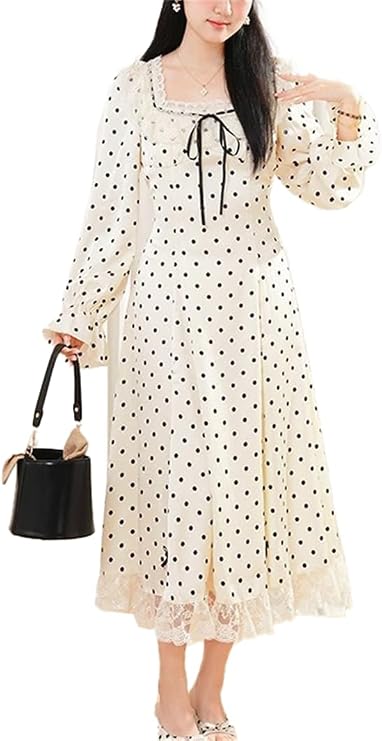 LIUZHONGQIN Women's Dress, Long Sleeve, Long Dress, Midi Length, Lace Plate, Dots, Spring, Autumn, Elegant, Casual, Loose, Fashionable, Slimming, Square Neck, Commuting, Princess Style
