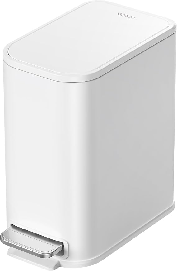 Cesun Small Bathroom Trash Can with Lid Soft Close & Pedal, 1.3 Gal, White
