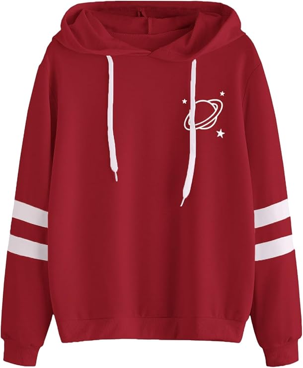 SweatyRocks Women's Planet Print Varsity Striped Drawstring Pullover Sweatshirt Hoodies Tops
