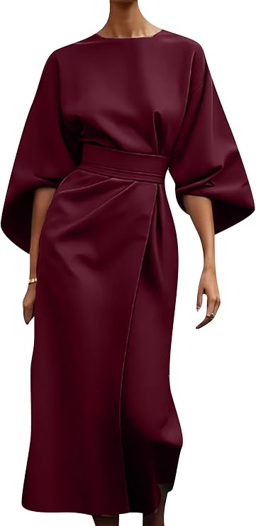 Womens Wrap Waist Party Fashion A Line Long Dresses Classy Batwing Sleeve Midi Dress Casual Flowy Dress
