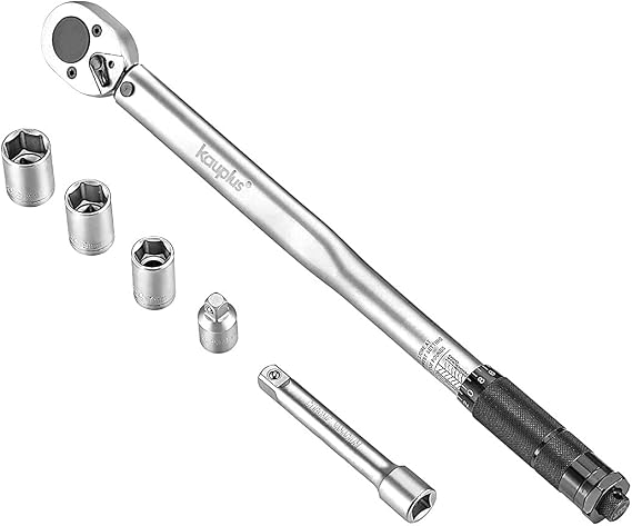6PCS 1/2-Inch Drive Click Torque Wrench Set, 24Tooth, (10-150 ft.-lb. / 13.6-203.5 Nm), Adjustable Torque Wrench Set w/ 17-19-21m socket, 5 extension bar and 3/8 Adapter