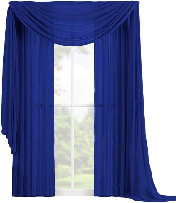Decotex 3 Piece Elegant Sheer Voile Window Curtain Panel Drape Set includes 2 Panels and 1 Matching Scarf (84" Length, Royal Blue)