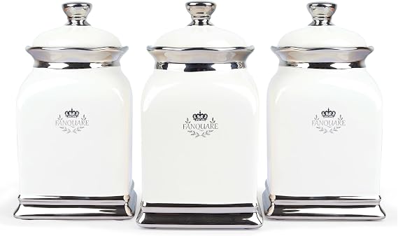 fanquare 30 OZ Cookie Jar, White Kitchen Canisters Set of 3, Farmhouse Porcelain Decorative Jars for Countertop, Ceramic Storage Jar for Coffee, Sugar, Tea Bag