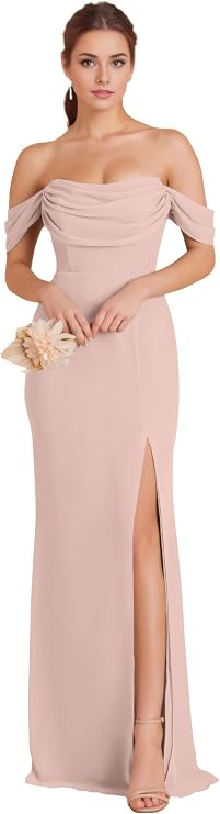 Off Shoulder Bridesmaid Dresses for Women Long Ruched Chiffon Mermaid Formal Evening Dress with Slit EA016