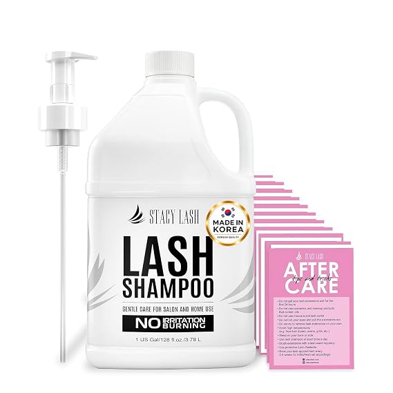 STACY LASH Eyelash Extension Shampoo 1US Gal / 128 fl.oz. / 3.78L / Eyelid Foaming Cleanser/Safe Wash for Extensions & Natural Lashes/Supplies for Professional & Home Use / 50 Aftercare Cards