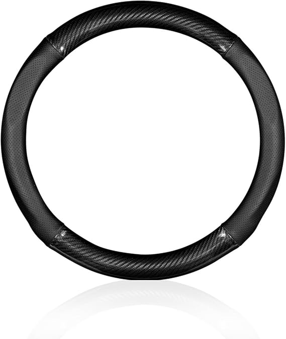 Car Carbon Fiber Steering Wheel Cover, Round Anti-slip Breathable Steering Wheel Protector, Four-season Interior Accessory, Universal for Most Cars (Black #Round)