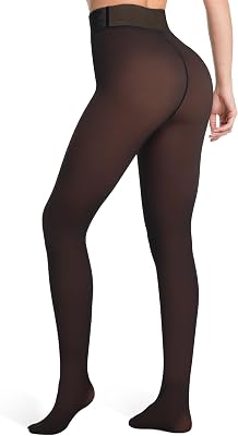 Womens Thermal Fleece Lined Tights, Translucent Skin Tone Pantyhose Style Leggings for Winter Warmth