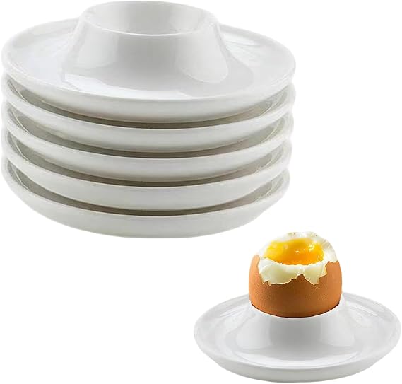 6Pcs Egg Cups, Stackable Egg Holders for Soft Hard Boiled Egg, Egg Poacher Cup Set, Breakfast Egg Tray for Kitchen, Classic Style White Plastic Eggs Stand Plates, Microwave and Dishwasher Safe