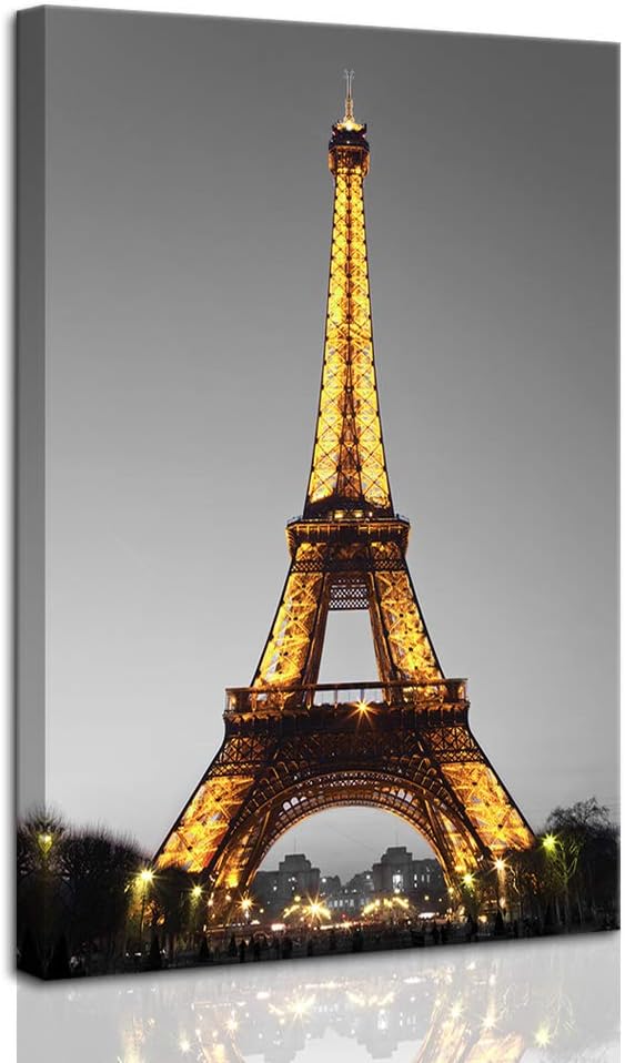 DekHome Paris Cityscape Canvas Wall Art Eiffel Tower at Night Canvas Picture Giclee Print Gallery Wrap Modern Home Decor Framed Ready to Hang 24"x36"