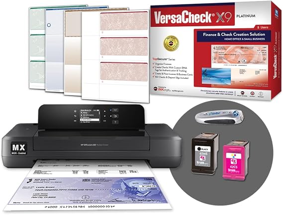 VersaCheck HP Officejet 200 MXE Portable Wireless MICR Printer and VersaCheck X9 Platinum 5-User Printing Software Bundle