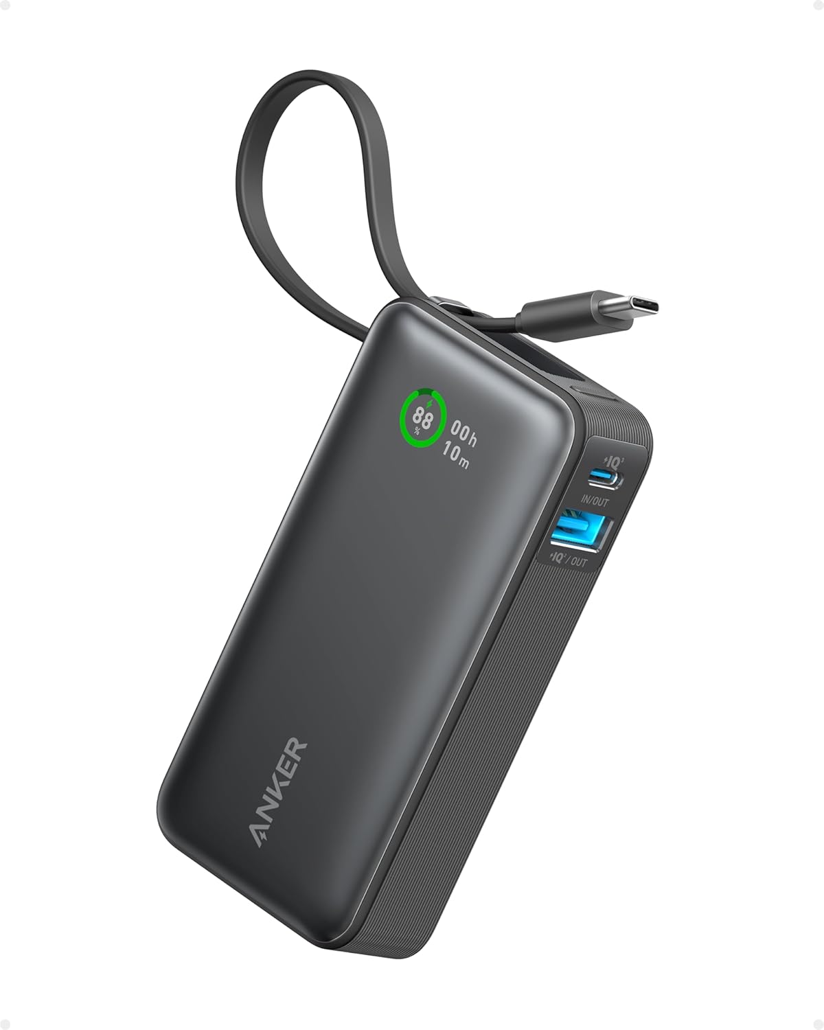 Anker Nano Power Bank 10000 mAh Power Bank with Integrated USB-C Cable PD 30 W High Power with 1 x USB-C 1 x USB-A for iPhone 17161514 MacBook Galaxy iPad AirPods and More Black