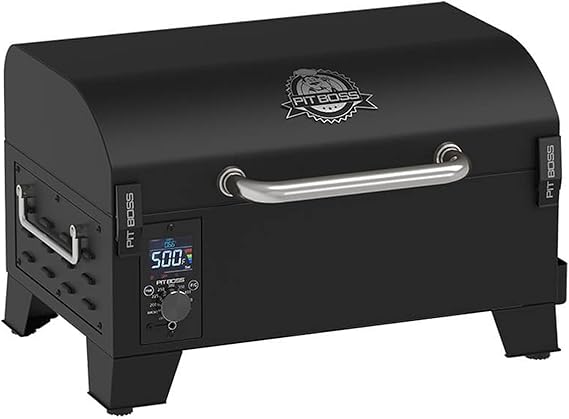 Pit Boss 150 Wood Pellet Grill & Smoker with Flame Broiler 256-Sq. In. Cooking Space, 180F to 500F Temperature Range, 7 lb. Pellet Hopper, for Tailgating, Camping, or Travel, Black