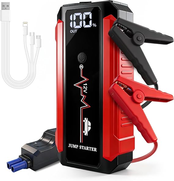 Car Battery Jump Starter,1200A Peak Portable Jumper Starter Battery Power Pack for 12V Gasoline Car,Portable Jump Box with 3Modes Flashlight and Jumper Cables CarStarter with LCD Display and LED Light