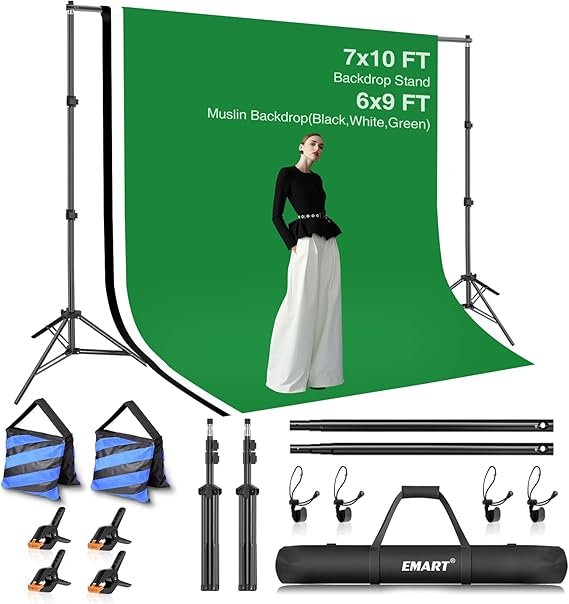 EMART Green Screen Backdrop Kit 7x10FT with 3Pcs 6x9ft Backdrop for Party | Black White Backdrop with Stand with 4 Clamps, 2 Sandbags for for Photography, Wedding, Video Shooting, Live Game, TIK Tok