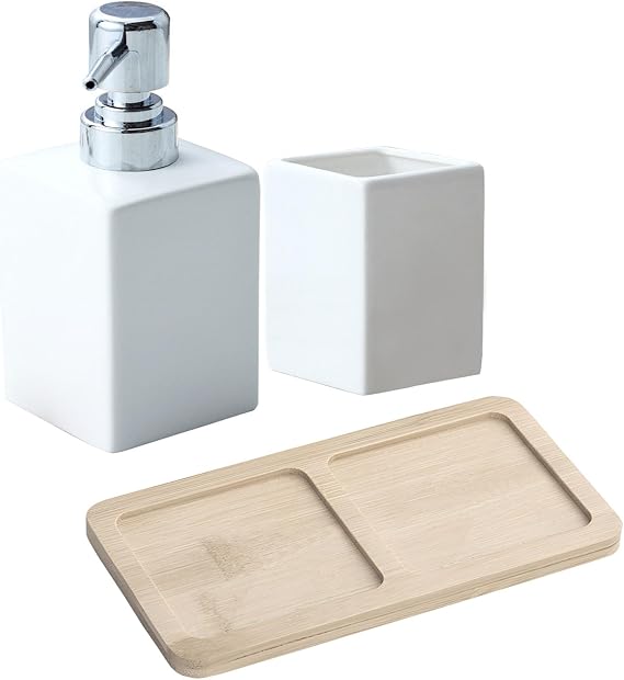 White Ceramic Bathroom Set with Wood Tray | Includes 320ml Soap Dispenser & Tumbler | Luxury Bathroom Accessories & Decor