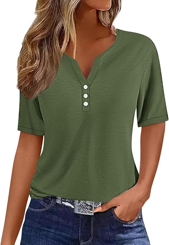 Summer Tops for Women 2026 Trendy Vacation Short Sleeve Button V Neck T Shirt Boho Casual Fashion Spring Tee Clothes