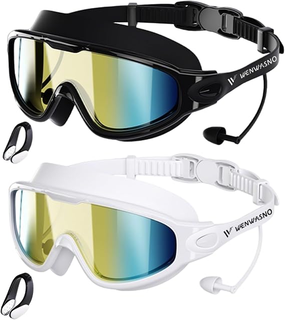 Adult Swim Goggles, 2 Pack Anti-Fog Waterproof HD UV Protection Large Rim Swimming Goggles