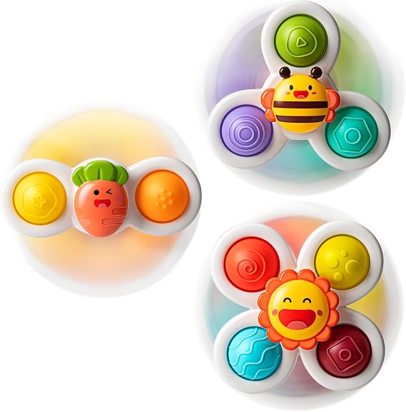 Suction Cup Spinner Toys for 1-2 Year Old Sensory Spinning Toy | 3 Pack, Bee Carrot Sun Shapes, BPA-Free Silicone + ABS, 9 Colors & Numbers, Rattle Bell Sound, for Bathtub High Chair Window