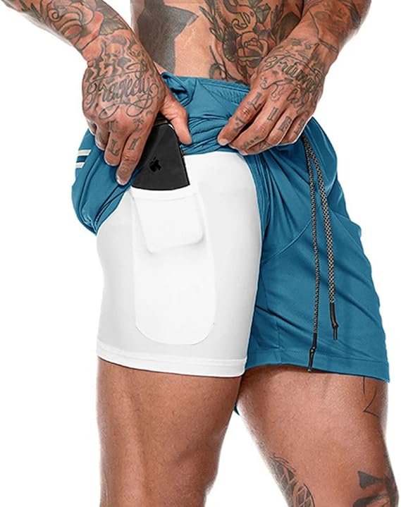 Men's Workout Gym Shorts 2-in-1 Running Shorts Training Short with Inner Compression Quick Dry Short Blue 5XL