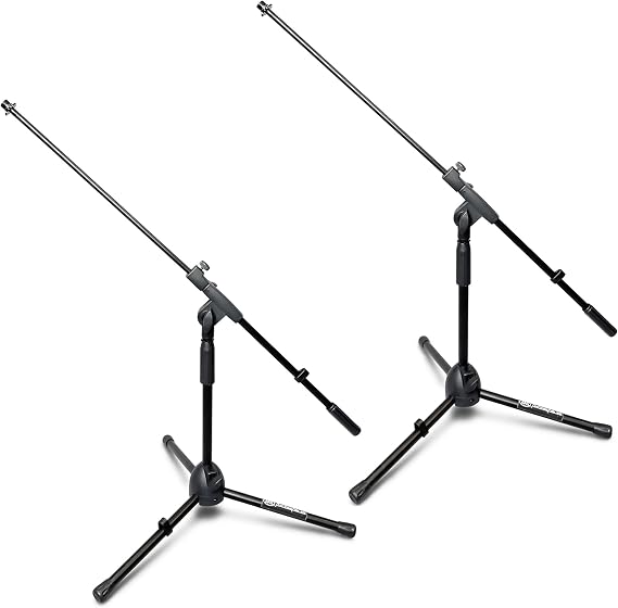 AxcessAbles Low-Profile Microphone Tripod Stand with Boom Arm | Adjustable Height Short Floor Mic Stand with Boom | Kick Drum Mike Stands | Guitar Amp Stands (2-Pack)