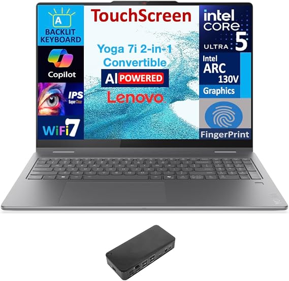 Lenovo Yoga AI Powered 2-in-1 Laptop 16.0" Touchscreen IPS WUXGA Display (Intel Ultra 5-226v, 16GB LPDDR5X, 2TB M.2 PCIe SSD, Backlit KB, Fingerprint, 2 Thunderbolt 4, Win 11 Home) w/USB-C Dock