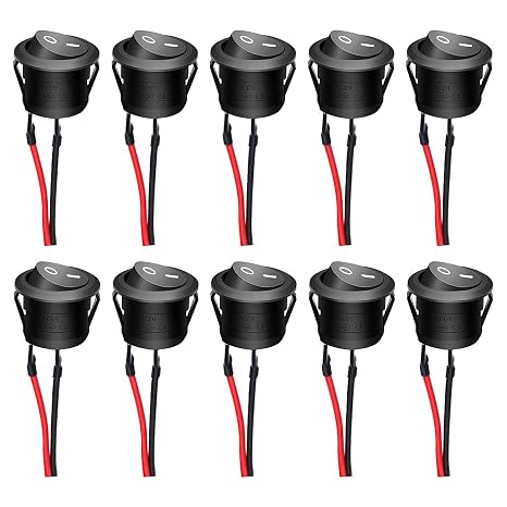 Round Rocker Switch AC 6A/250V 10A/125V SPST On/Off Toggle Switch Black with Pre-soldered Wires for Car Truck Motorcycle Boat Marine 10pcs