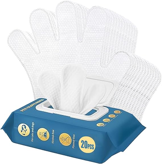 (20 Pcs) Cleaning Glove for Dog and Cat, Wipes Gloves for Dog and Cat Fur Face, Ear, Eye, Paws Cleaning Wipes Pet Wash Free Gloves, Grooming Wipes for Pet No Rinse Thick Dog Wipes Gloves