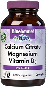 Bluebonnet Nutrition Calcium Citrate Magnesium Plus Vitamin D3 Caplets, Bone Health & Muscle Relaxation, Non GMO, Gluten, Soy & Milk Free, Kosher, White, 90 Count