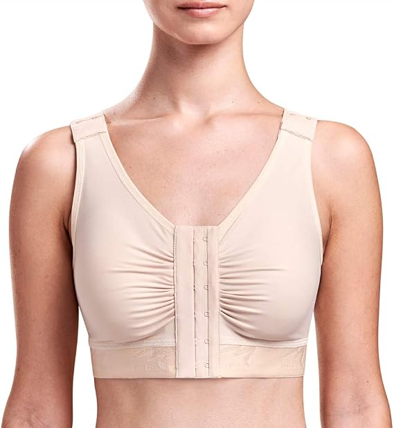 MARENA B2 Adjustable Sport Shirred Front Shoulder Closure Bra | Ideal after breast augmentation recovery with shaped shirred cups, adaptive fit for swelling, and cooling TriFlex fabric